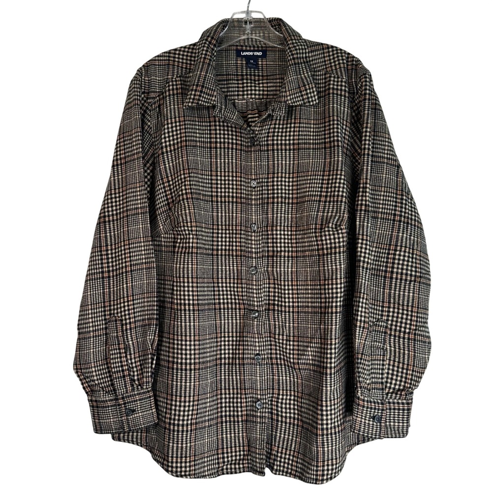 Lands' End Womens 1X Glen Plaid Flannel Button Down Shirt Black Tan 100% Cotton